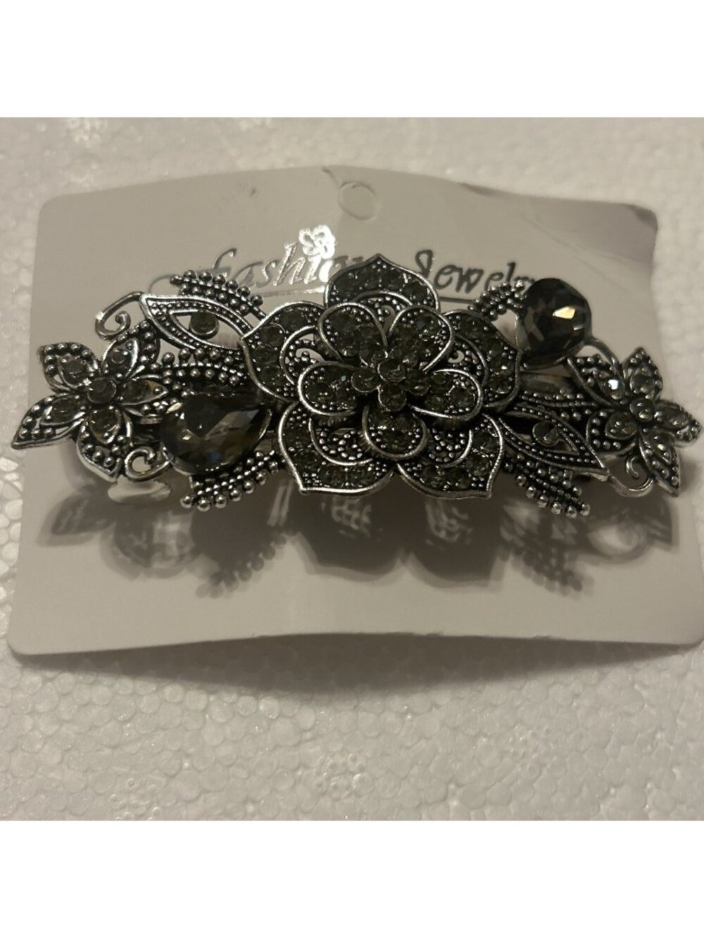 Hair Clip Floral Gray Black Rhinestone Flower Hair Clip Barrette Grunge Gray